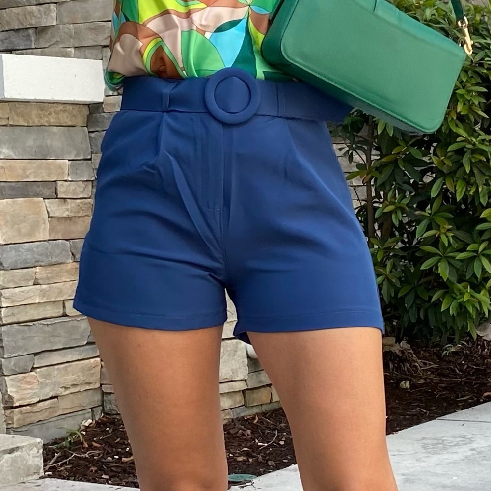 Elegant Blue High-Waisted Belted Shorts - Sizes S, M & L